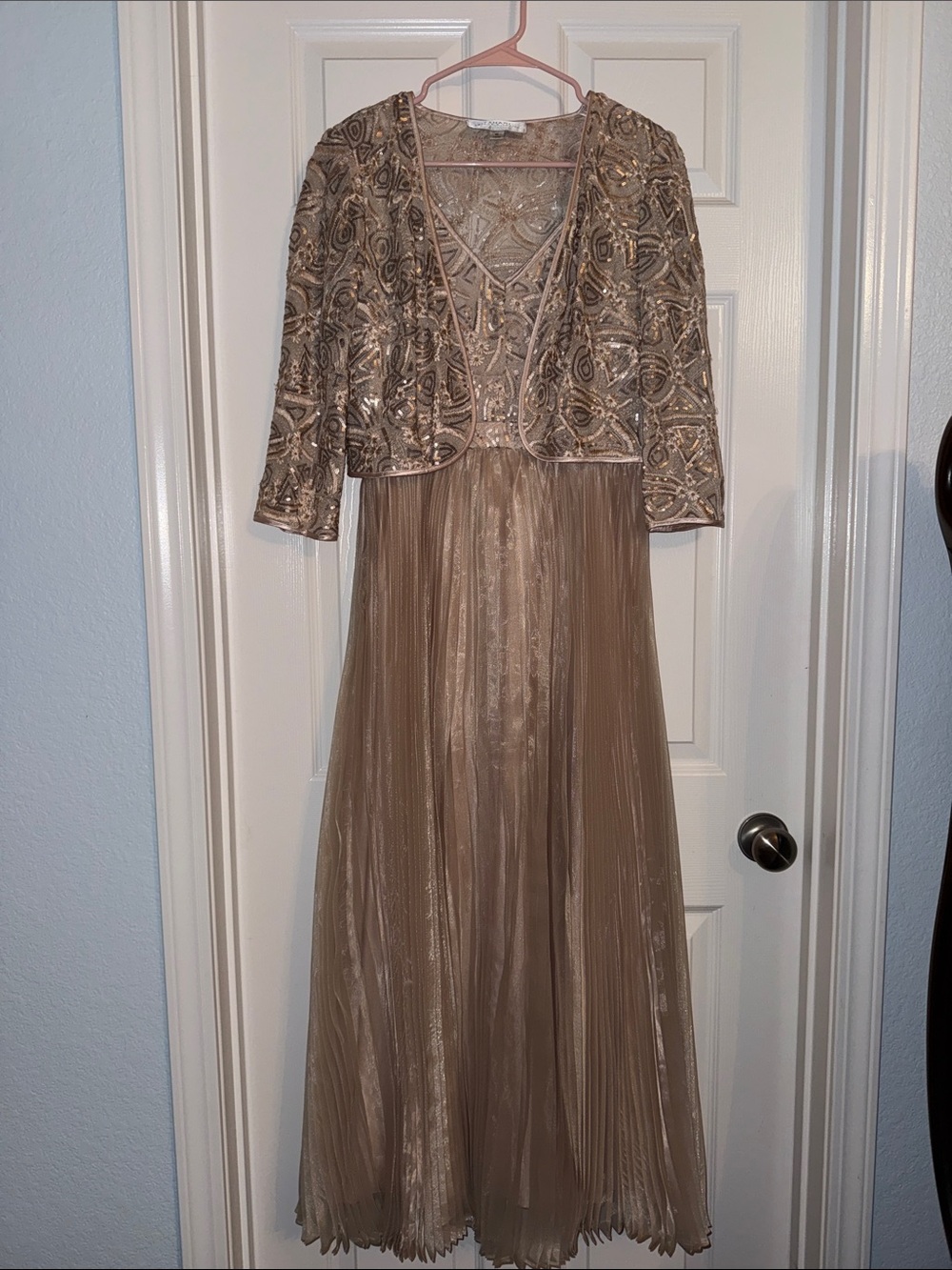 Tahari Shimmering Taupe Pleated Gown with Beaded Jacket